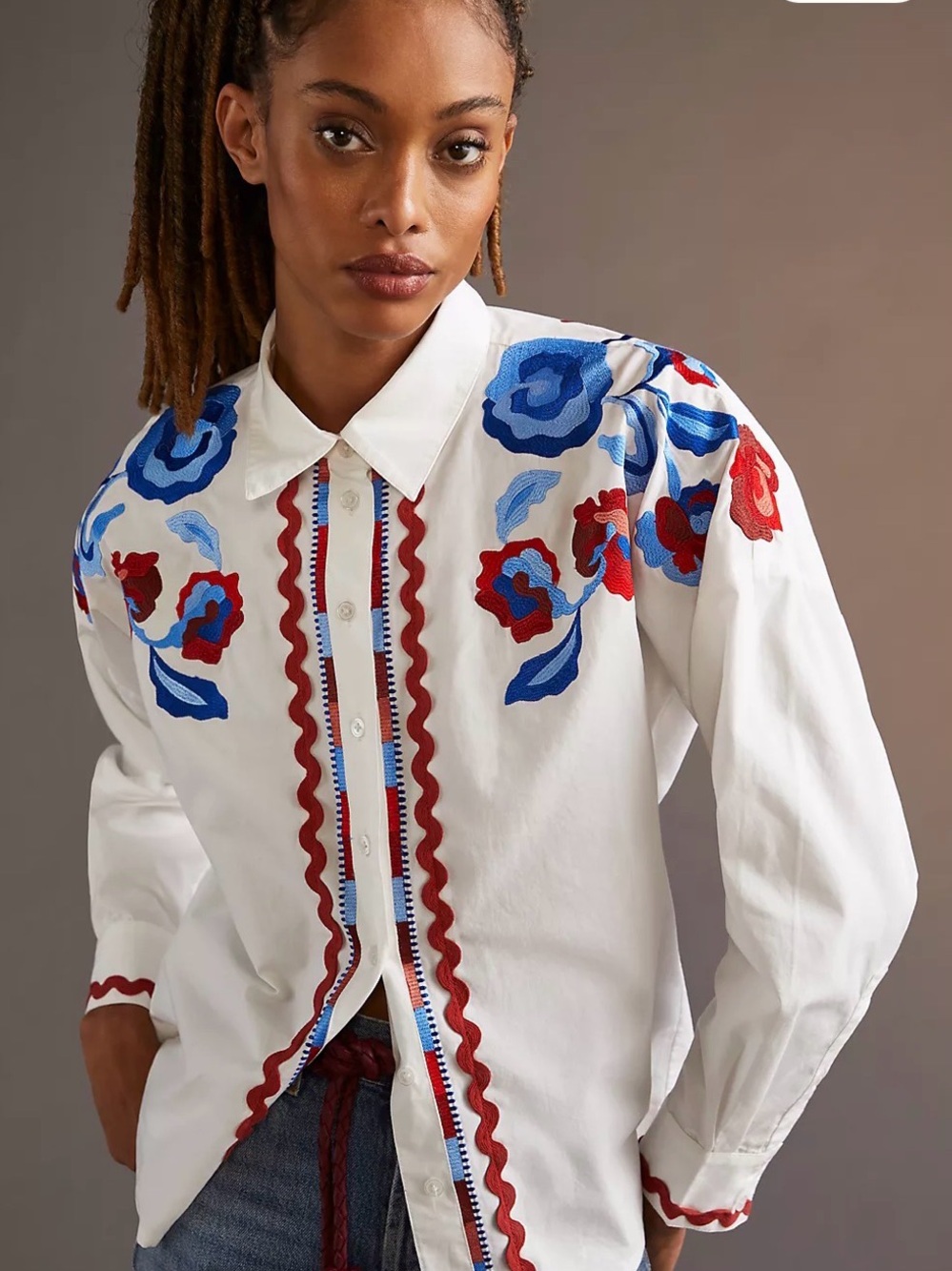 Anthropologie Let Me Be Floral Embroidered Button-down Small